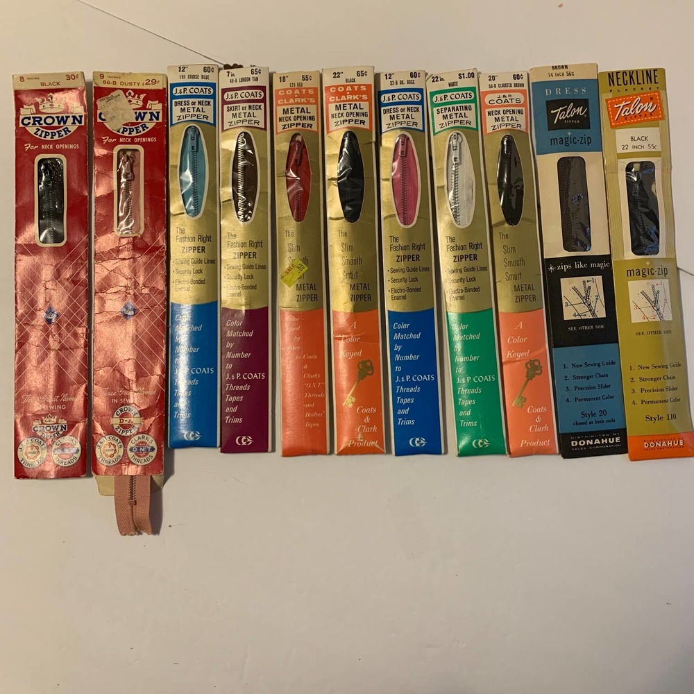 Vintage Metal Zippers‎ Crown/J&P Coats/Donahue Assorted Sizes/Colors NIB
